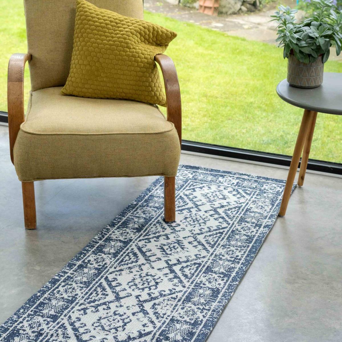 Navy Blue Boreded Geometric Recycled Cotton Area Rug - Blue / 240 x 60cm – image 2