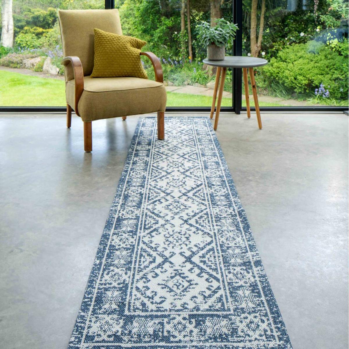 Navy Blue Boreded Geometric Recycled Cotton Area Rug - Blue / 240 x 60cm – image 3