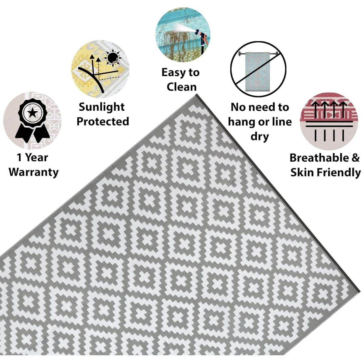 Bliss Grey White Outdoor Rug 270x360cm 9x12ft Waterproof Picnic Mat - Grey – image 4