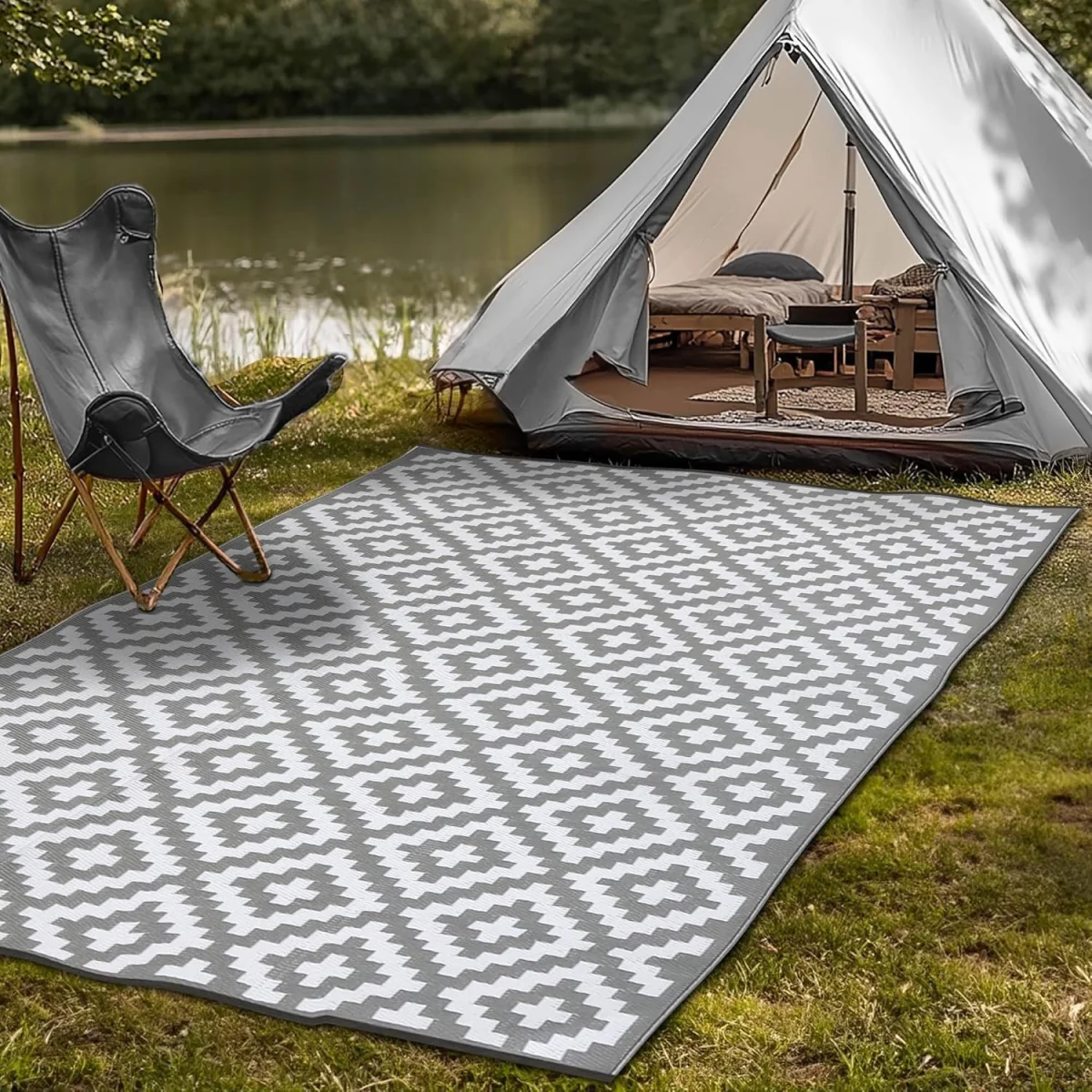 Bliss Grey White Outdoor Rug 270x360cm 9x12ft Waterproof Picnic Mat - Grey – image 6