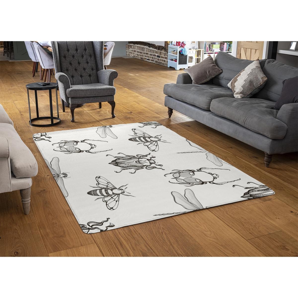 Sketch Of Scarab Beetle, May Bug, Bee And Dragonfly Designer Rug - White / 150cm – image 2