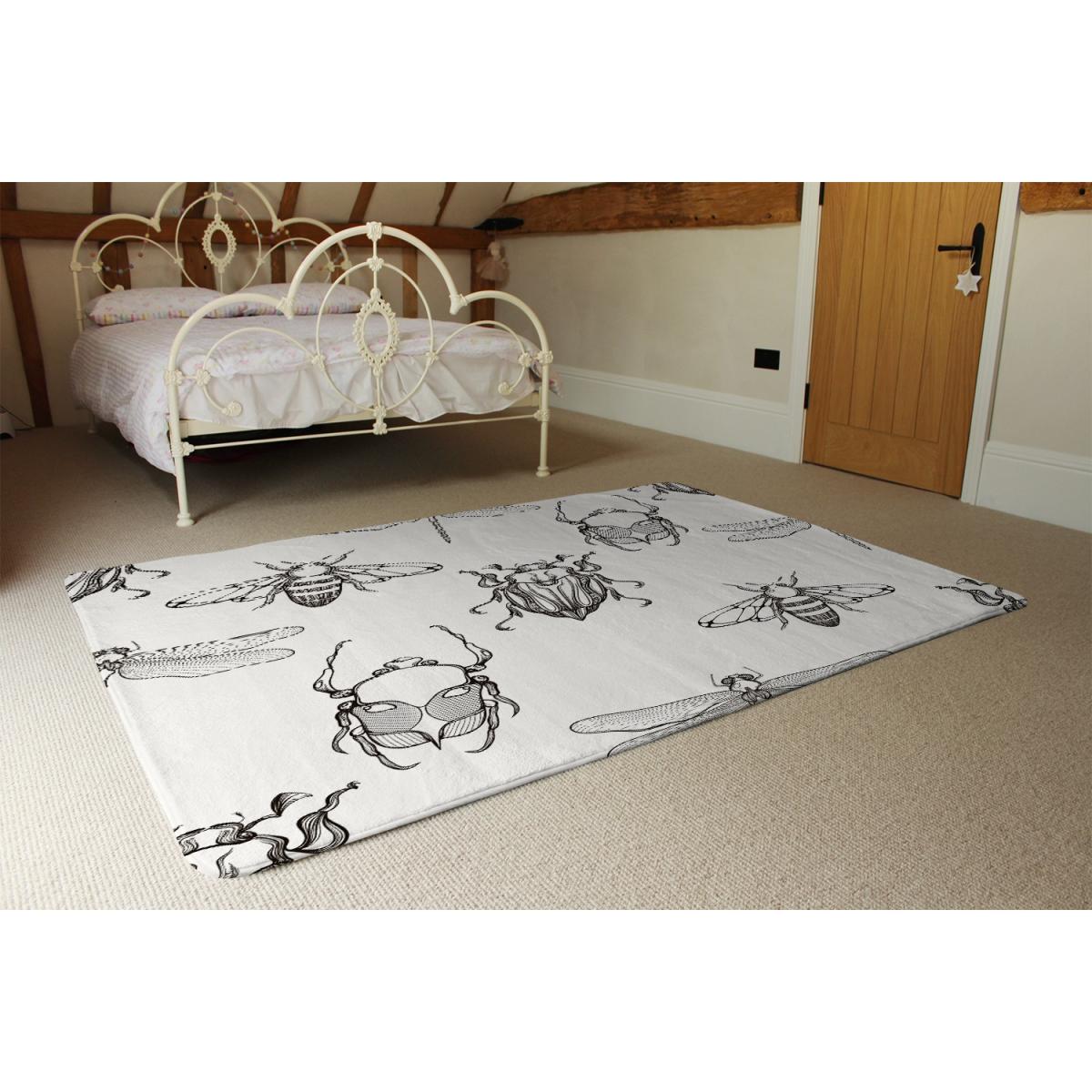 Sketch Of Scarab Beetle, May Bug, Bee And Dragonfly Designer Rug - White / 150cm – image 3