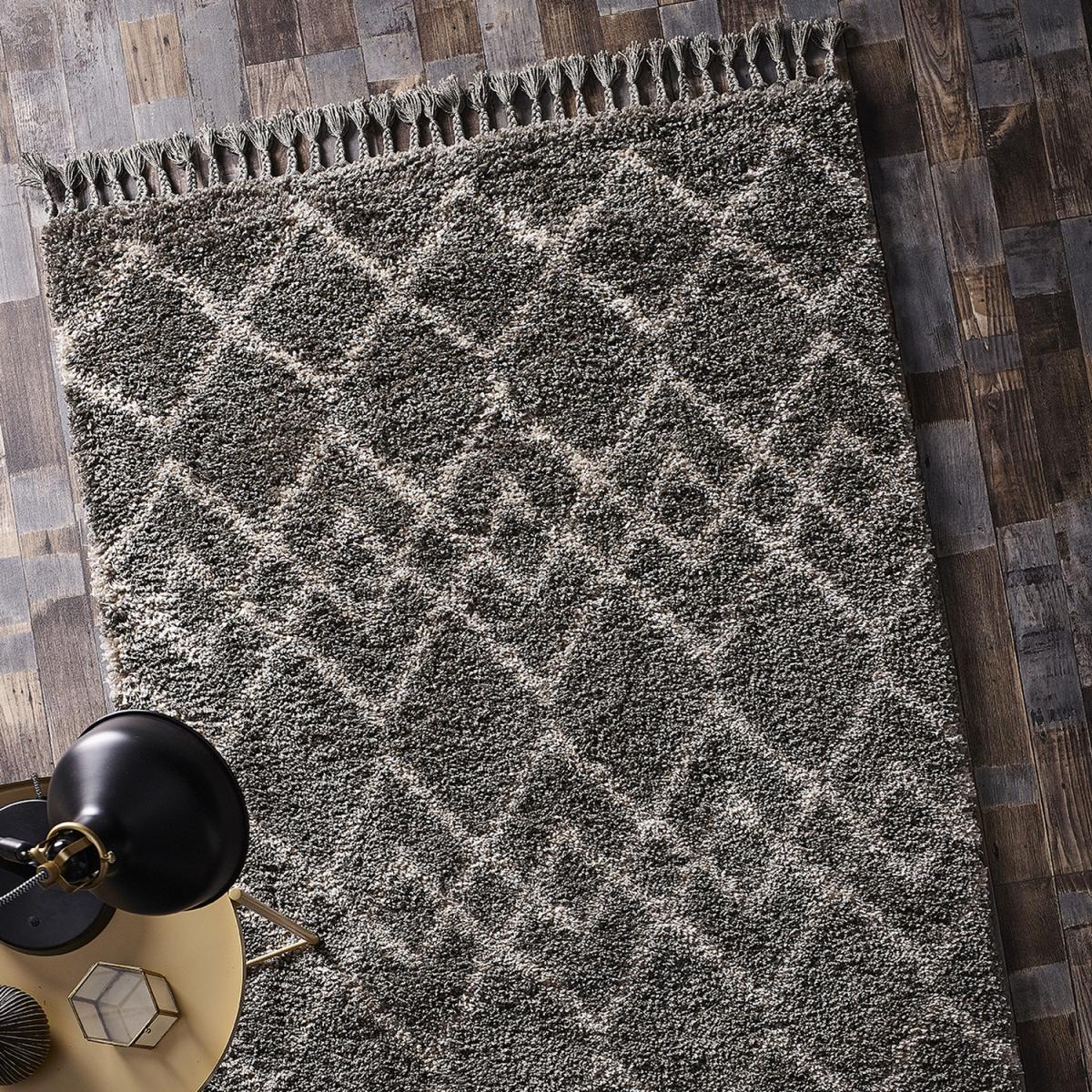 Soft Moroccan Fringed 6cm Trellis Shaggy Rug - Charcoal / 3kg / 120x170cm