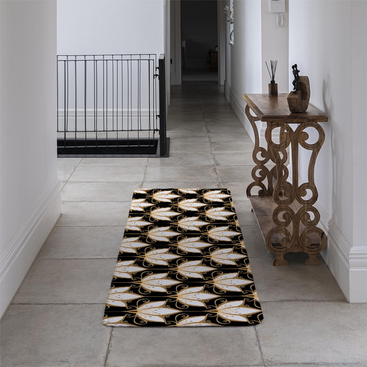 Black Gold Floral Pattern Runner Rug - Gold – image 4
