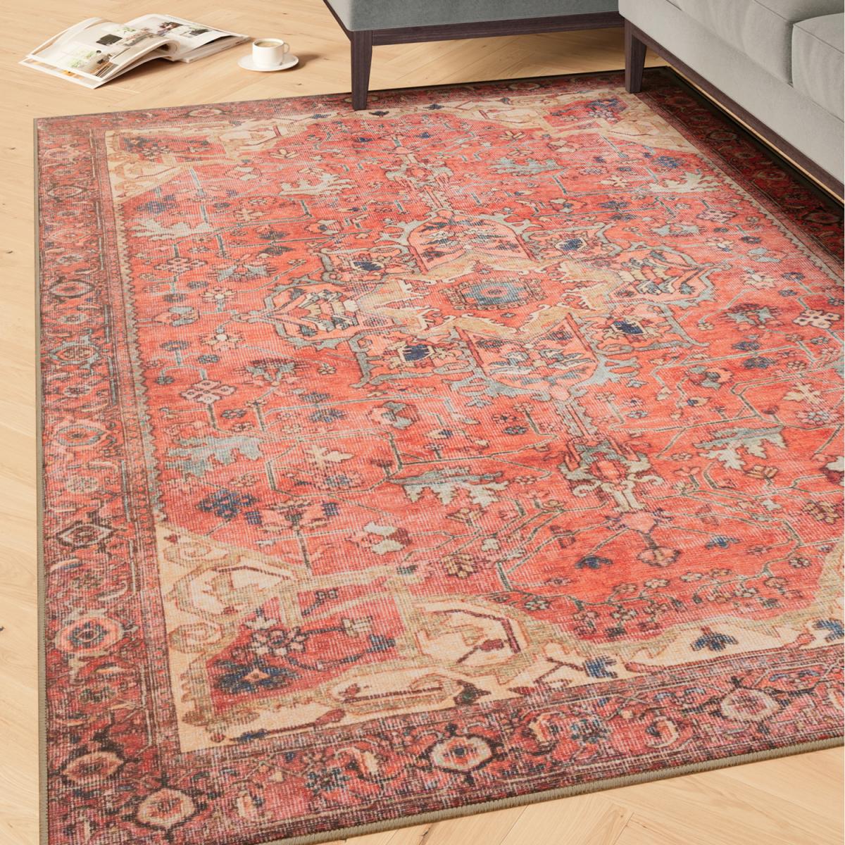 Coral Distressed Washable Area Rug - Beige & Coral / 290cm