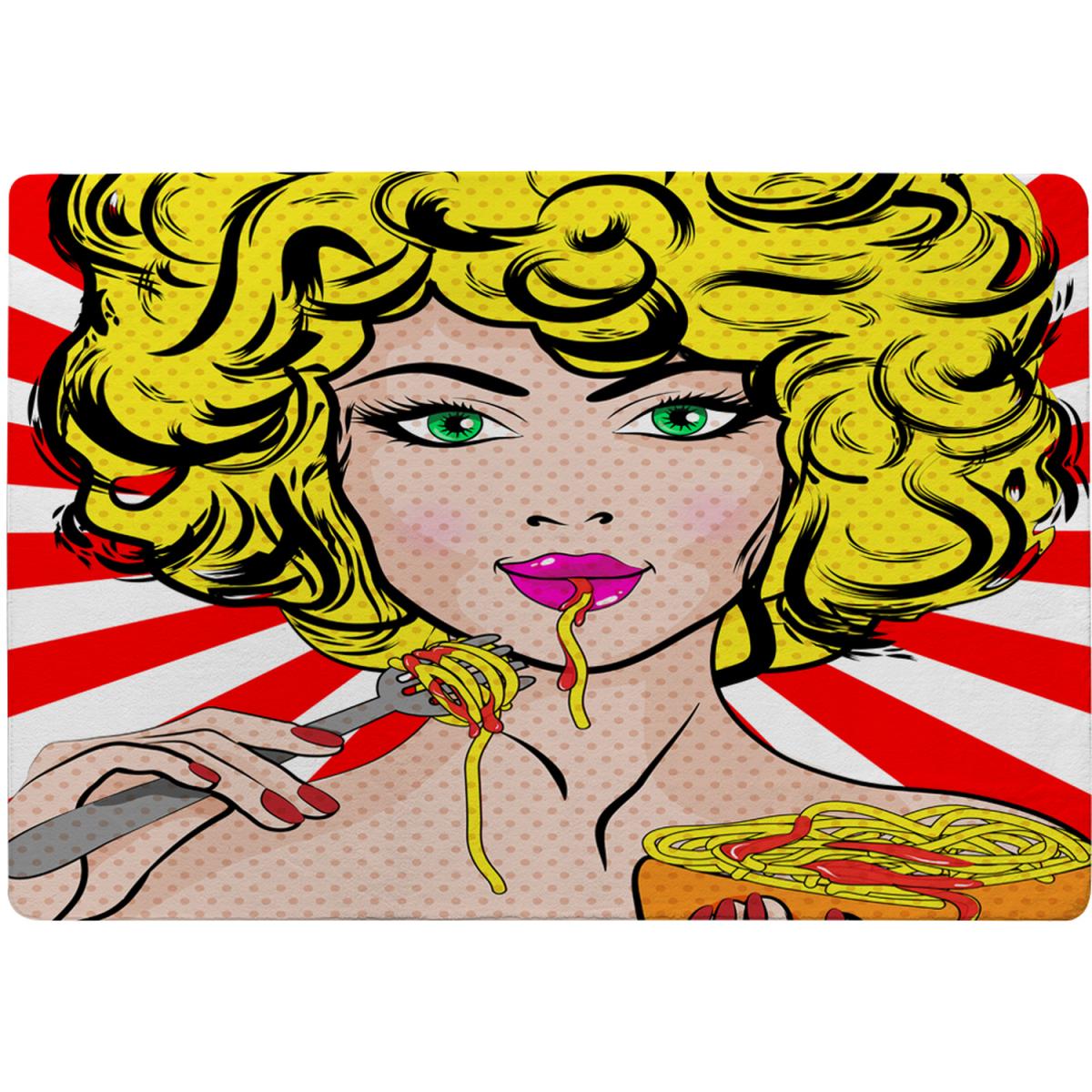 Pop Art Young Woman Eating Spaghetti Designer Rug - Red / 110cm – image 2