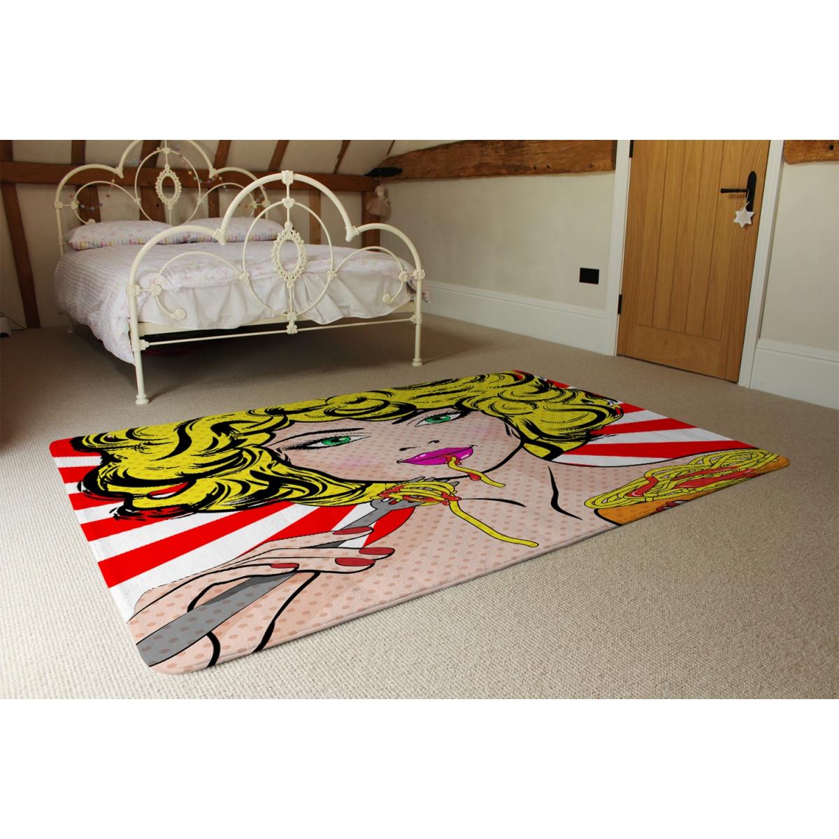 Pop Art Young Woman Eating Spaghetti Designer Rug - Red / 110cm – image 3