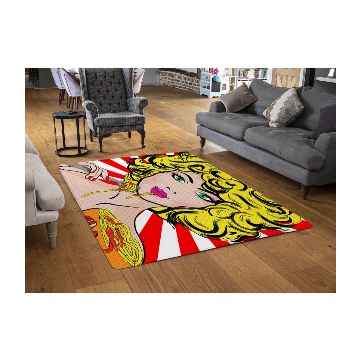 Pop Art Young Woman Eating Spaghetti Designer Rug - Red / 110cm – image 1