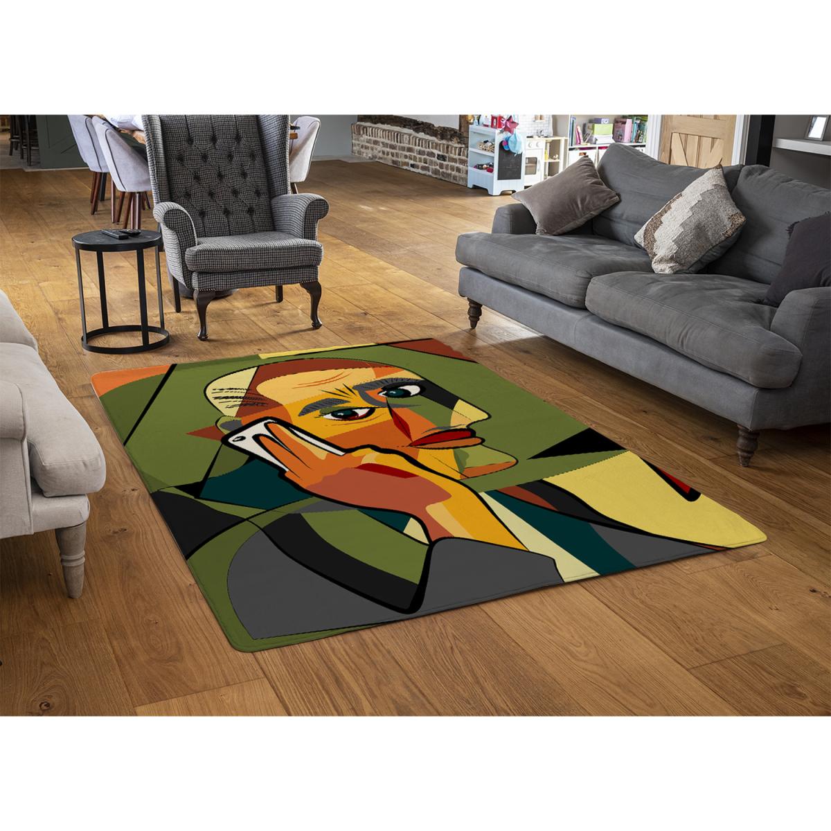 Portrait Cubism Art Style,Man Calls On A Phone Designer Rug - Green / 200cm – image 2