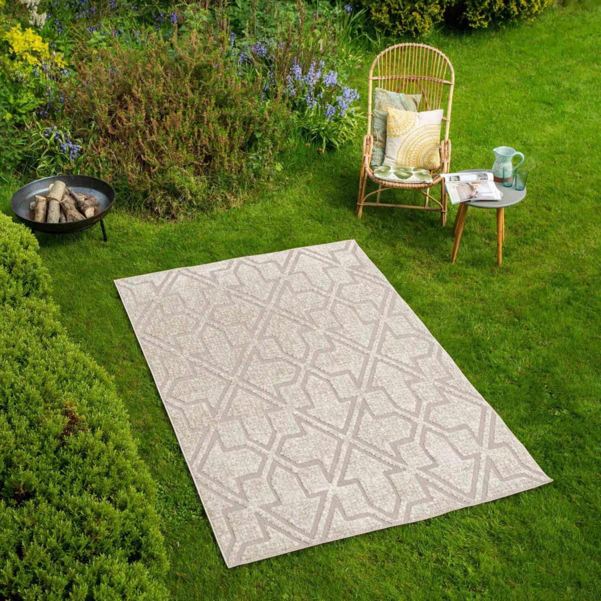 Beige Textured Modern Trellis Geometric Weatherproof Indoor Outdoor Area Rug - Beige / 170 x 120cm – image 2