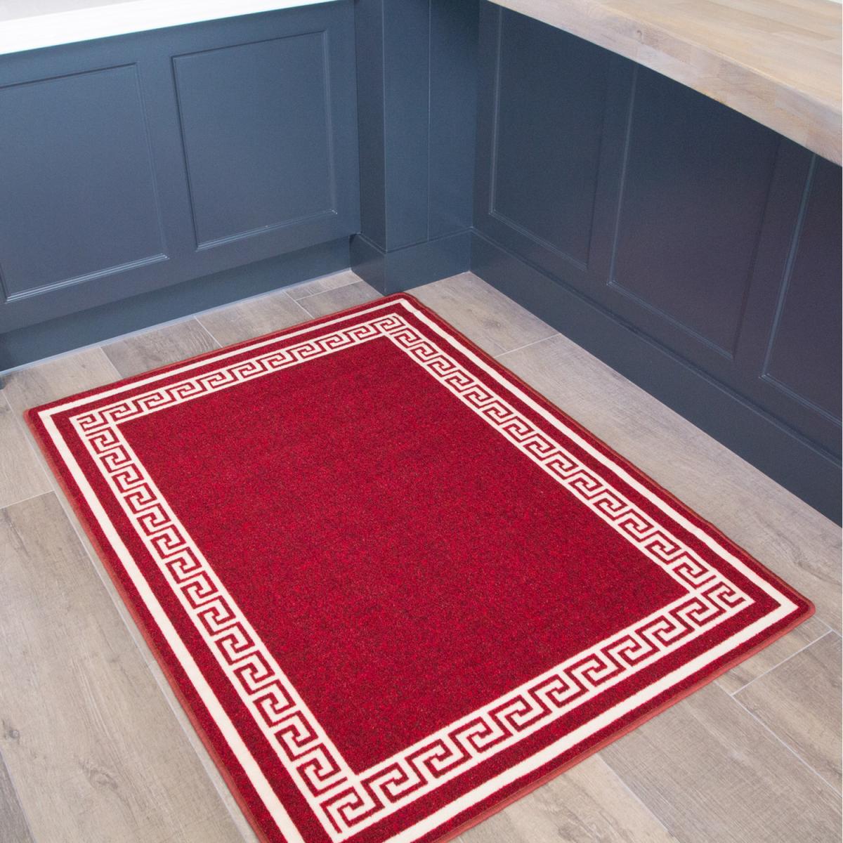 Red White Geometric Bordered Non Slip Washable Kitchen Utility Mat - Red / 160 x 120cm – image 1