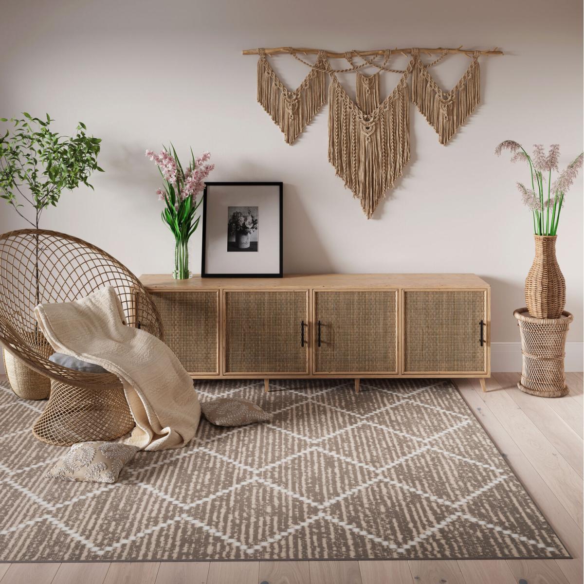 Neutral Beige Diamond Trellis Living Room Rug - Beige / 170 x 120cm – image 1