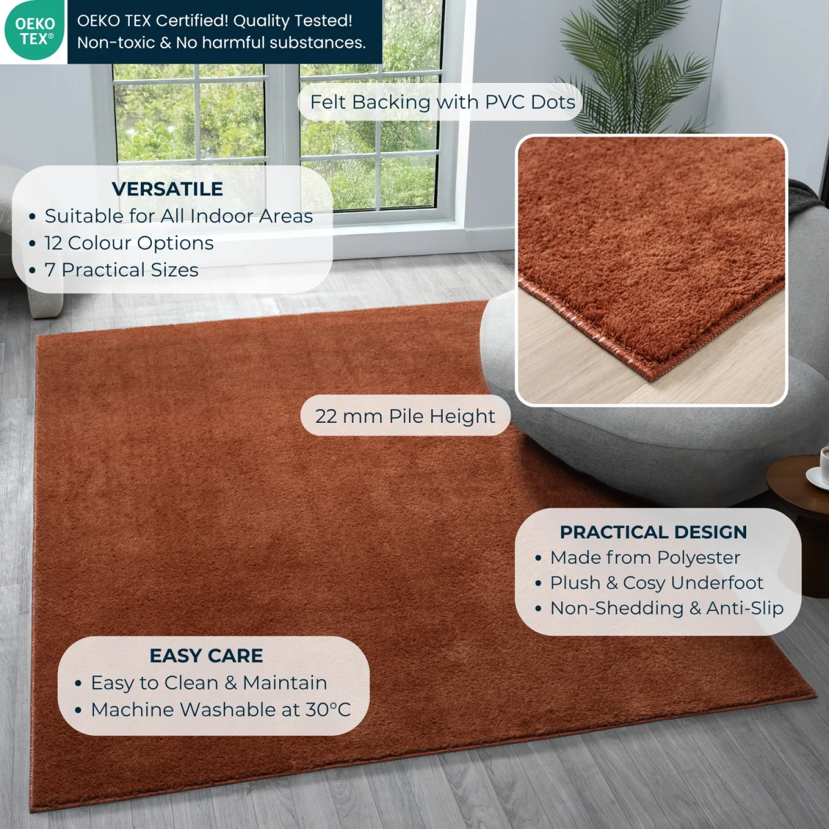 Desire Rugs Comfy Washable Low Pile Living Room Plain Area Rug - Terracotta – image 4