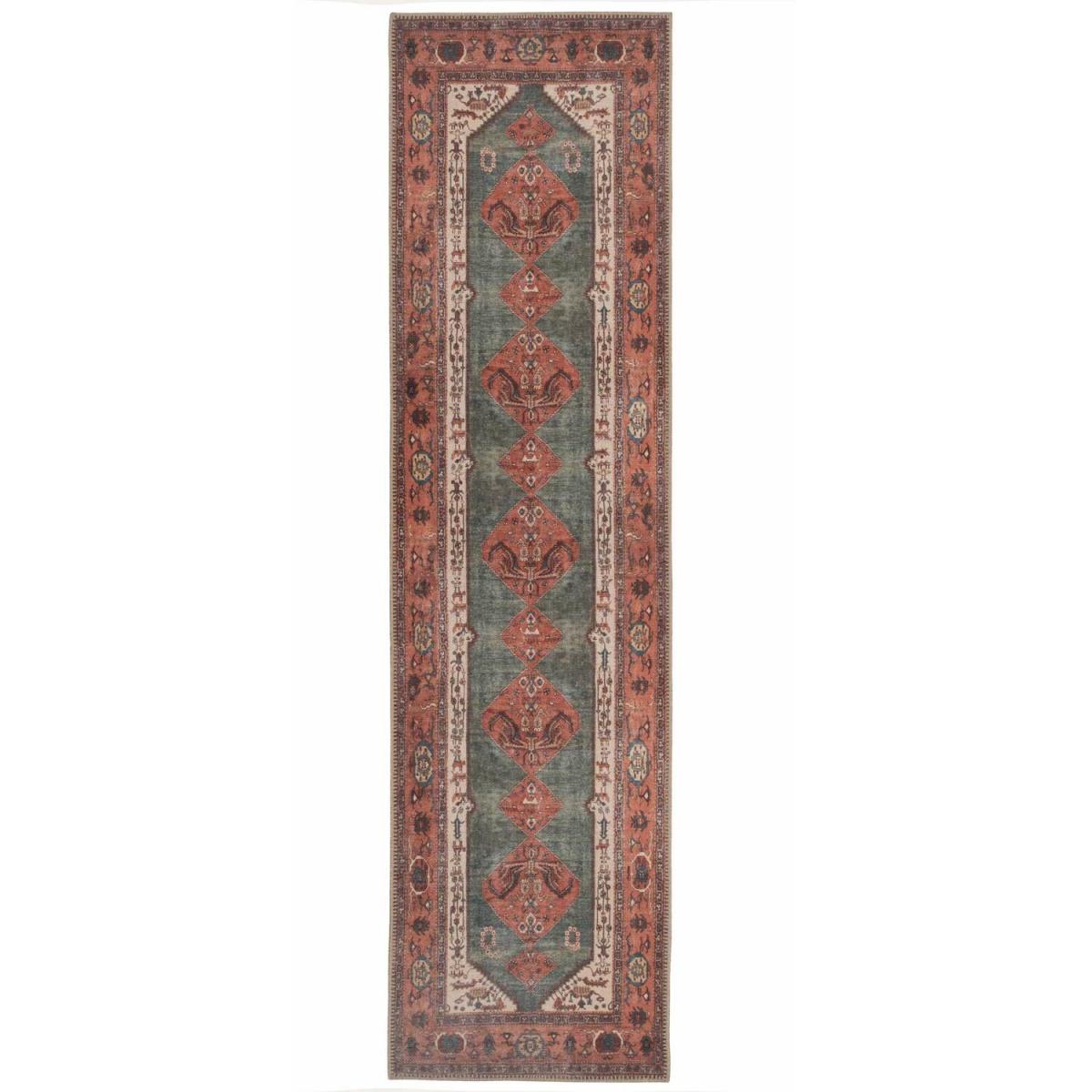 Terracotta Distressed Bordered Medallion Persian Non Slip Washable Area Rug - Terracotta Green / 300 x 80cm – image 2