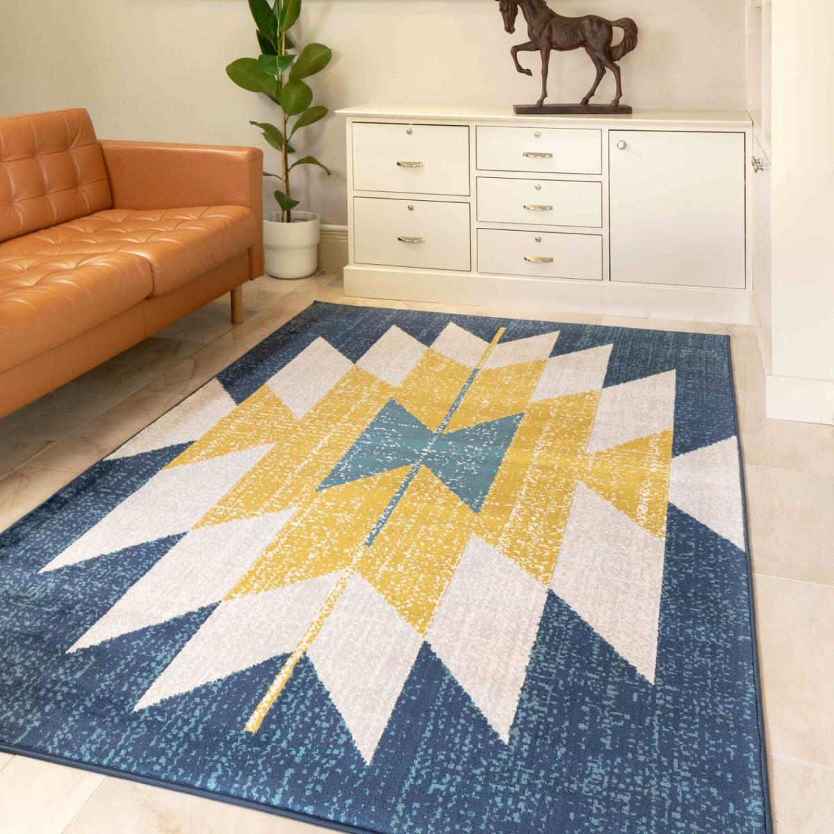 Blue and Yellow Medallion Flatweave Rug - Bergen - Blue