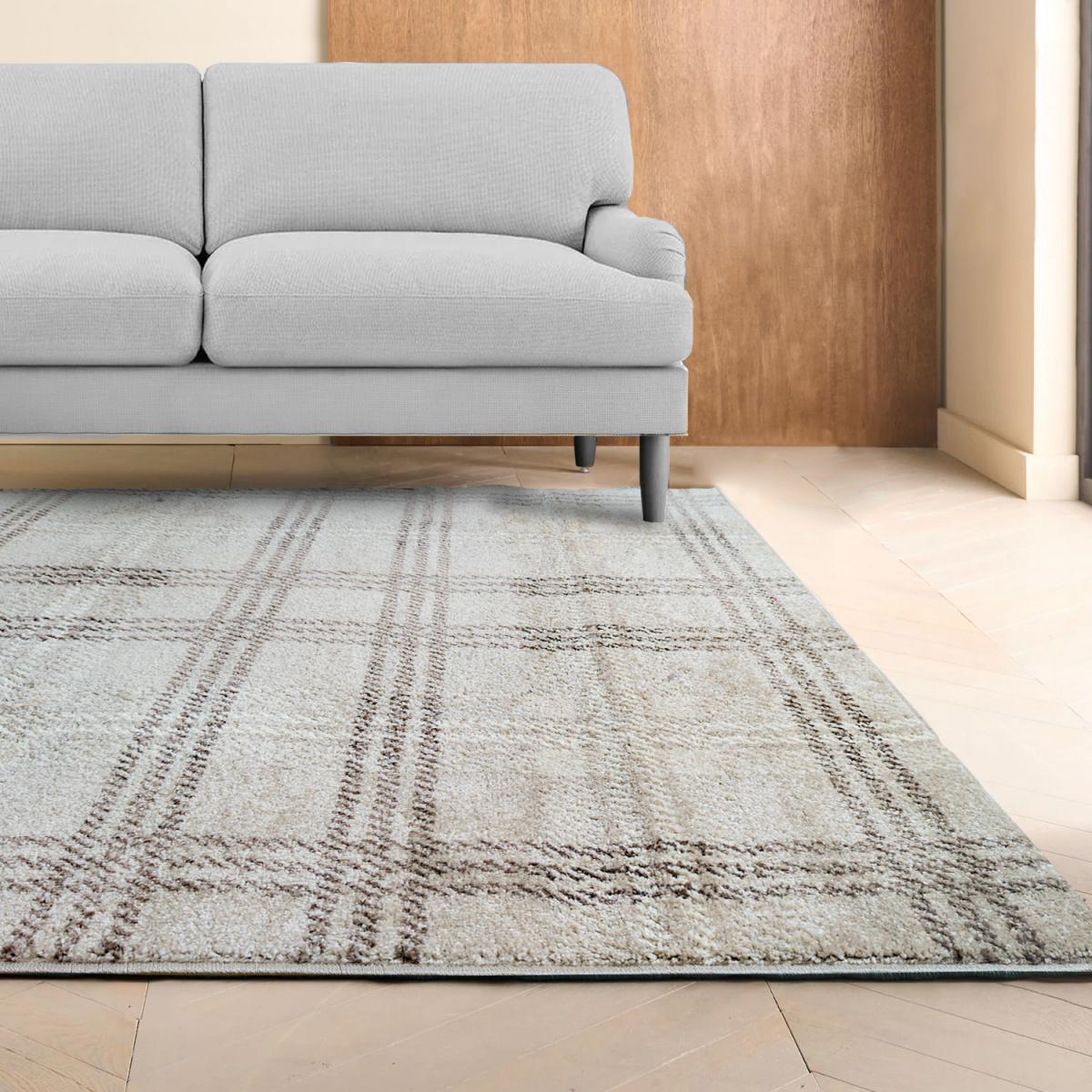 Classic Tartan Check Non Slip Rug - Beige / 150cm