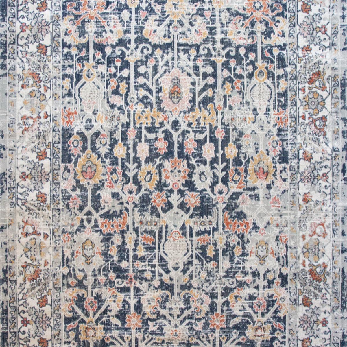 Navy Blue Terracotta Floral Bordered Zero Pile Distressed Rug - Navy Blue / 170 x 120cm – image 2