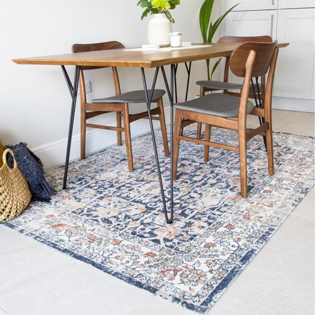 Navy Blue Terracotta Floral Bordered Zero Pile Distressed Rug - Navy Blue / 170 x 120cm – image 3