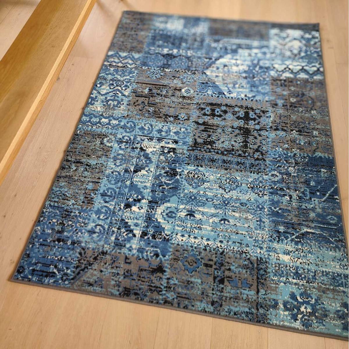 Blue and Grey Distressed Patchwork Rug - Trend - Blue and Grey / 8kg – image 4