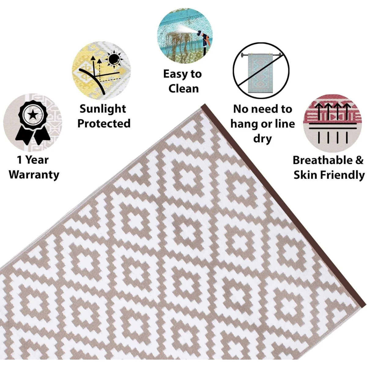 Taupe And White Geometric Outdoor Rug 270 X 360Cm Waterproof Patio Mat - Taupe – image 3