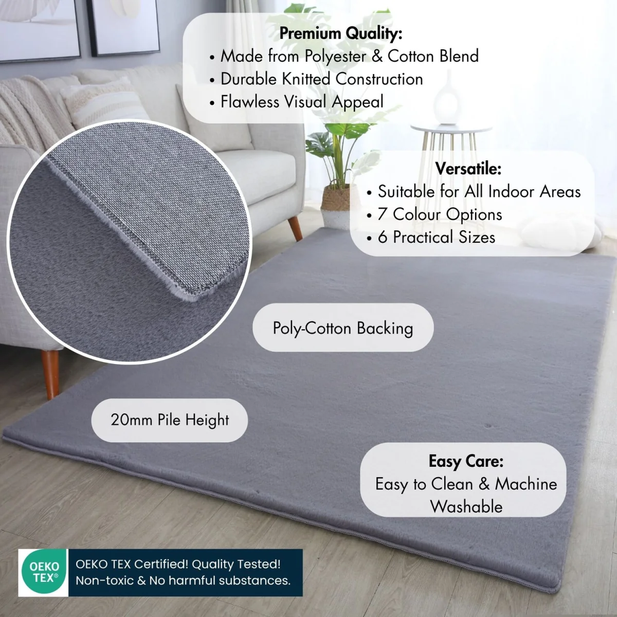 Plushtale Washable Plain Living Room Super Soft Poly Cotton Area Rug - Snow White / 200cm / 280cm – image 18