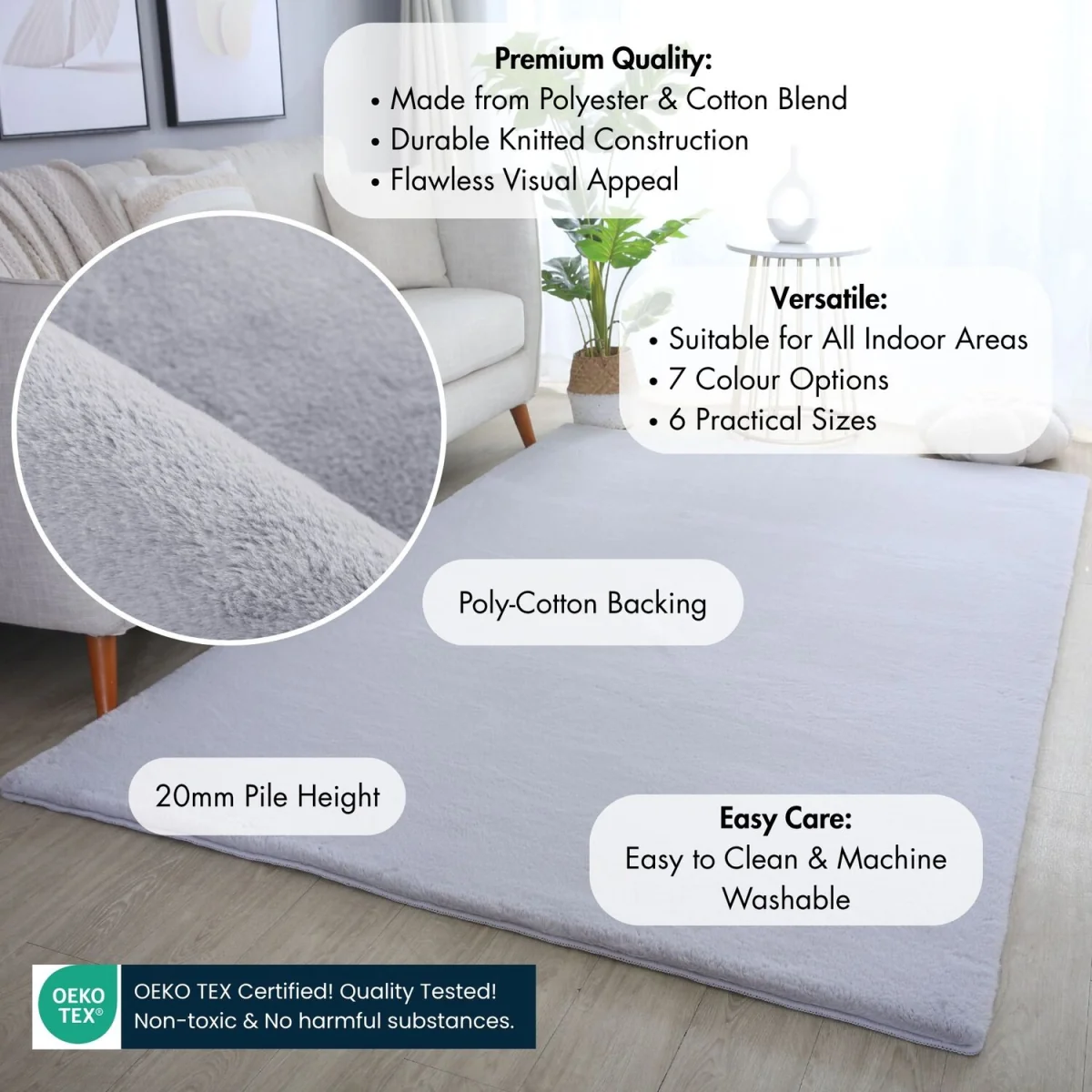 Plushtale Washable Plain Living Room Super Soft Poly Cotton Area Rug - Snow White / 200cm / 280cm – image 3