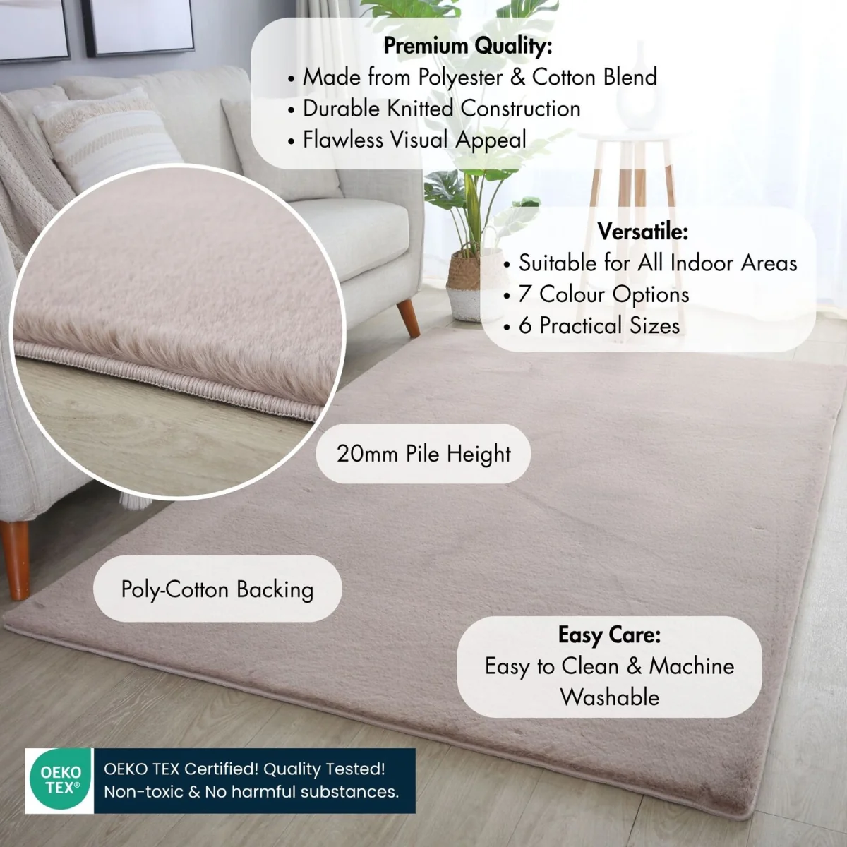 Plushtale Washable Plain Living Room Super Soft Poly Cotton Area Rug - Snow White / 200cm / 280cm – image 23