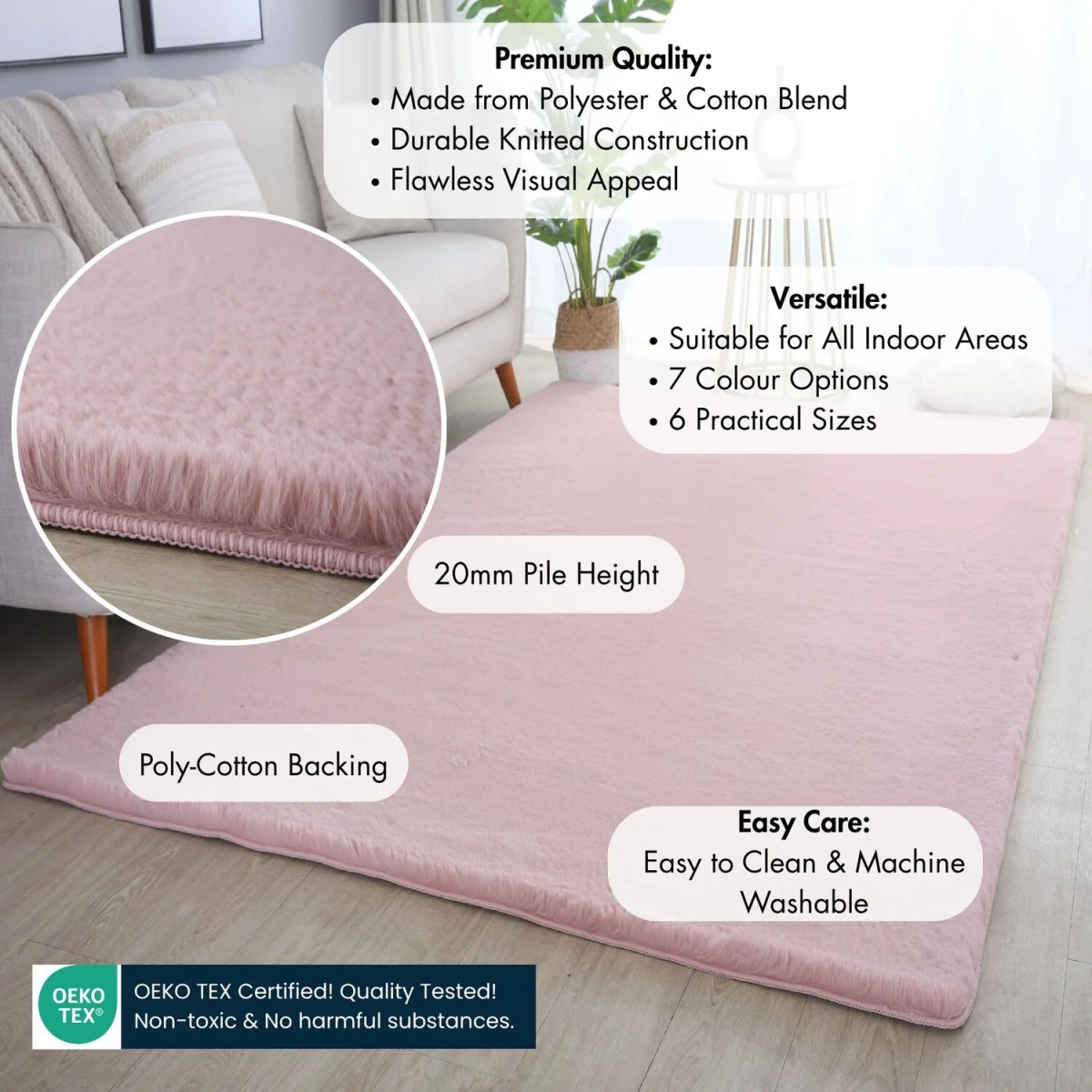 Plushtale Washable Plain Living Room Super Soft Poly Cotton Area Rug - Snow White / 200cm / 280cm – image 28