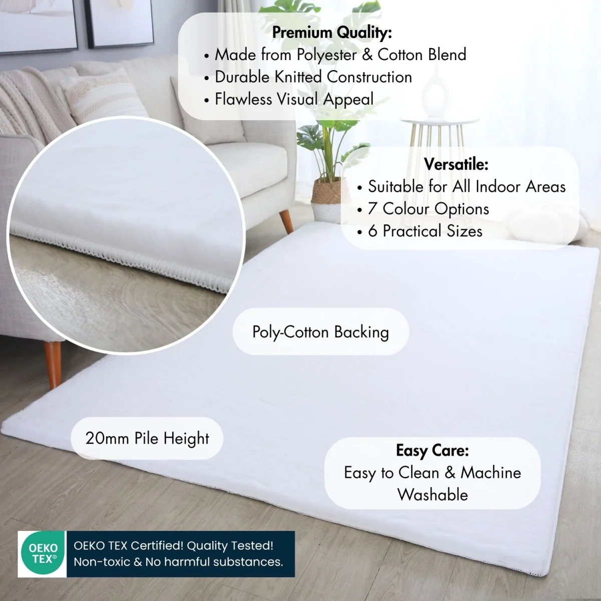 Plushtale Washable Plain Living Room Super Soft Poly Cotton Area Rug - Snow White / 200cm / 280cm – image 8