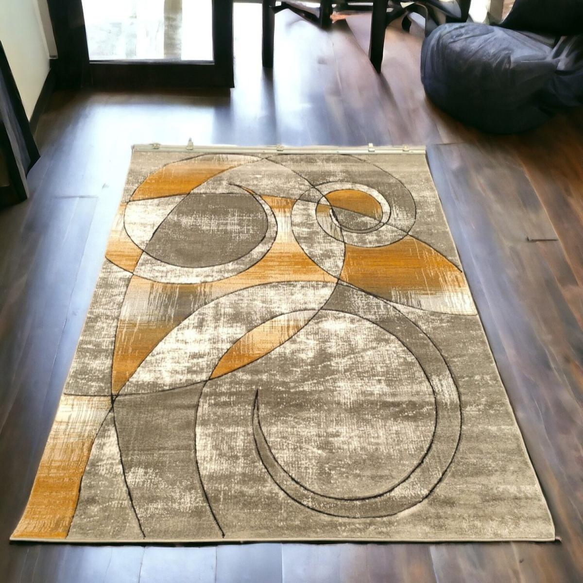 Gold and Grey Retro Abstract Carved Living Room Rug - Gold / 120cm