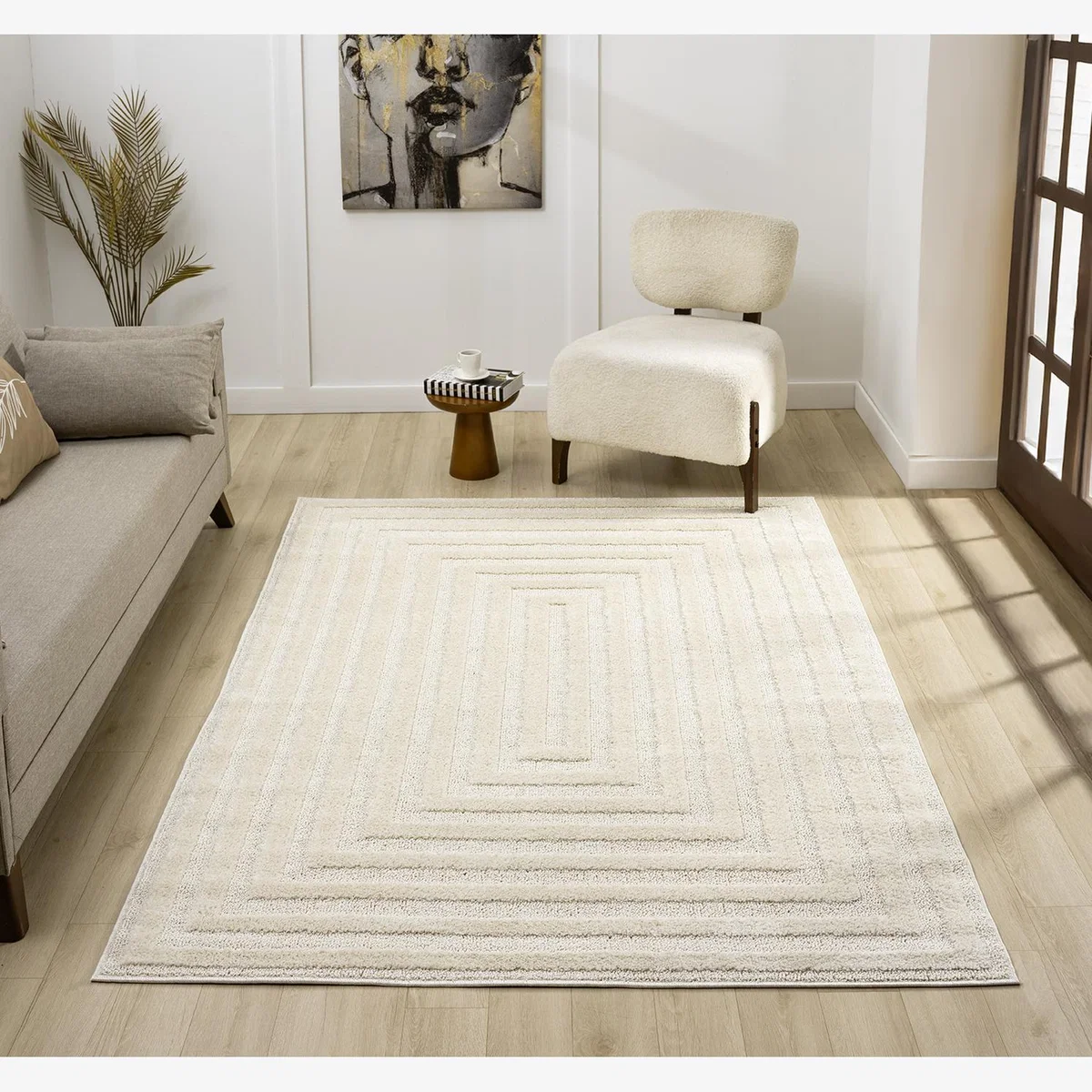 Isabella Living Room Area Rugs - Embossed Geometric Rectangle Design Rug - Cream / 150cm