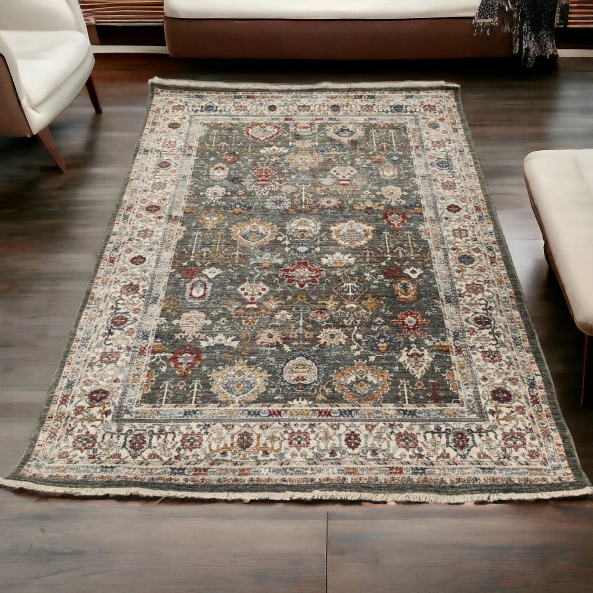 Sage Green Oriental Fringed Traditional Living Room Rug - Ziegler - Green