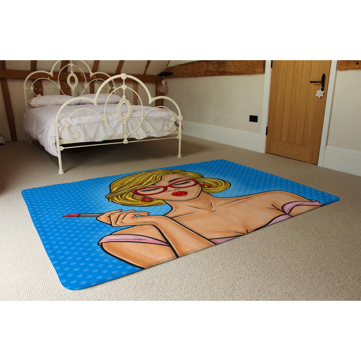 Pop Art Illustration Woman Paints Her Lips Designer Rug - Blue / 110cm – image 3