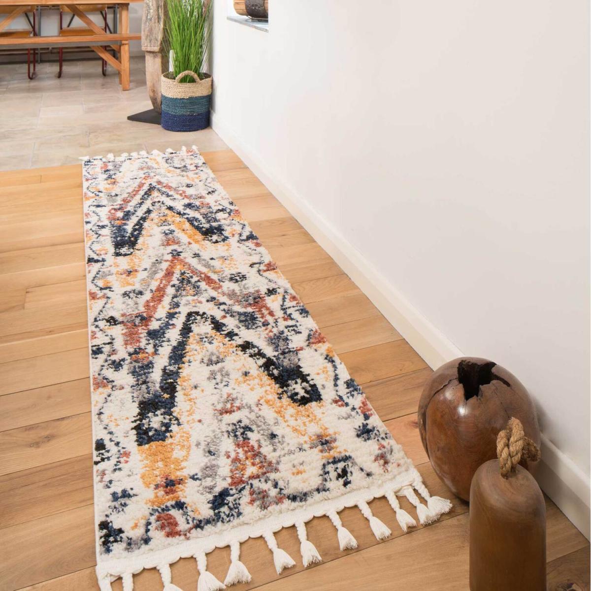 Cream Navy Terracotta Multicolour Aztec Tribal Shaggy Tassel Fringed Area Rug - Multicolour / 240cm – image 1
