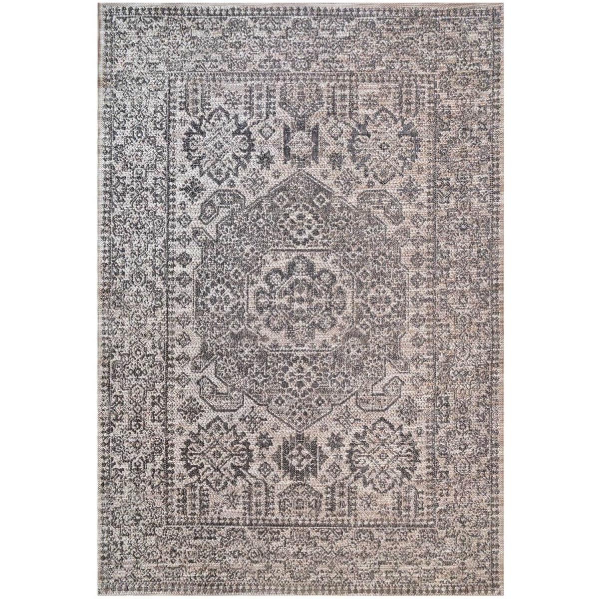 Greige Traditional Medallion Textured Flatweave Indoor Outdoor Weatherproof Rug - Deep Grey / 150 x 80cm – image 5