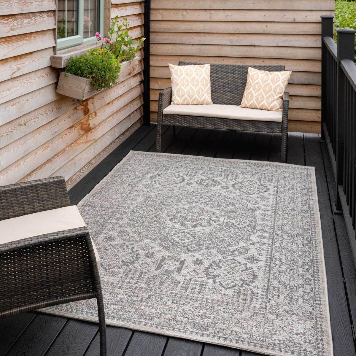 Greige Traditional Medallion Textured Flatweave Indoor Outdoor Weatherproof Rug - Deep Grey / 150 x 80cm – image 1