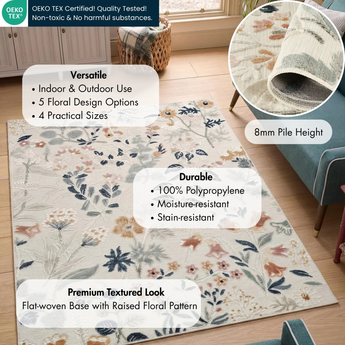 Gardenia Daisy Indoor Outdoor Low Pile Area Rug Floral Design - Cream / 80cm – image 4