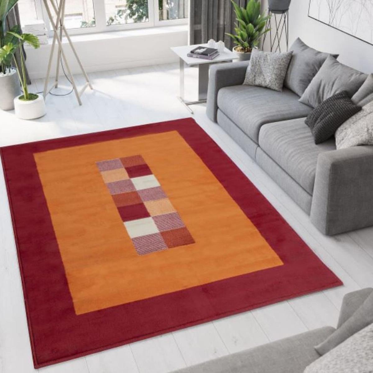 Red and Terra Retro Geometric Rug - Lisbon - Orange
