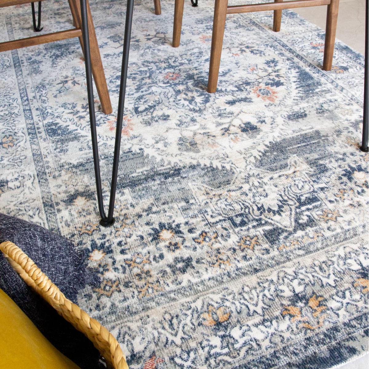 Navy Blue Traditional Bordered Zero Pile Distressed Rug - Navy Blue / 150 x 80cm – image 2