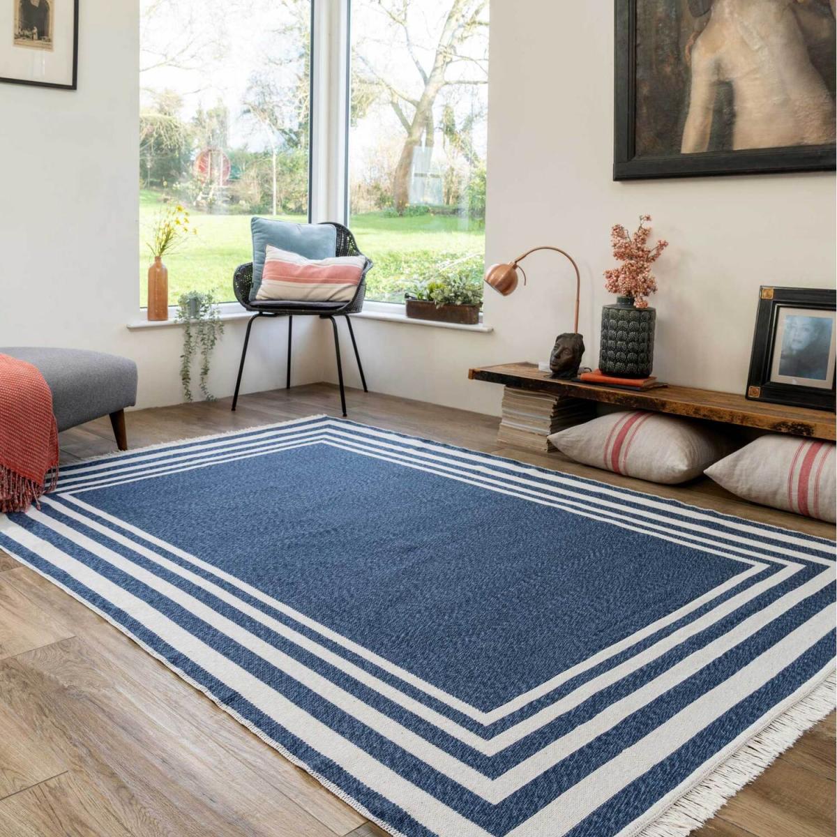 Navy Blue White Bordered Recycled Cotton Reversible Fringed Rug - Navy Blue / 240 x 60cm – image 3