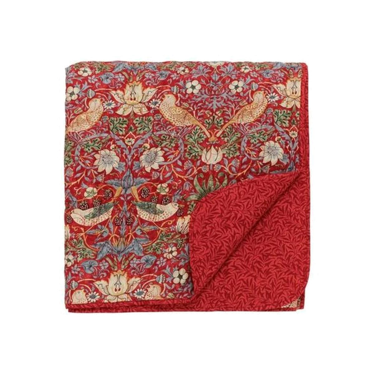 Strawberry Thief Bedspread Quilted Throw in Crimson Red By Morris & Co 265x260cm