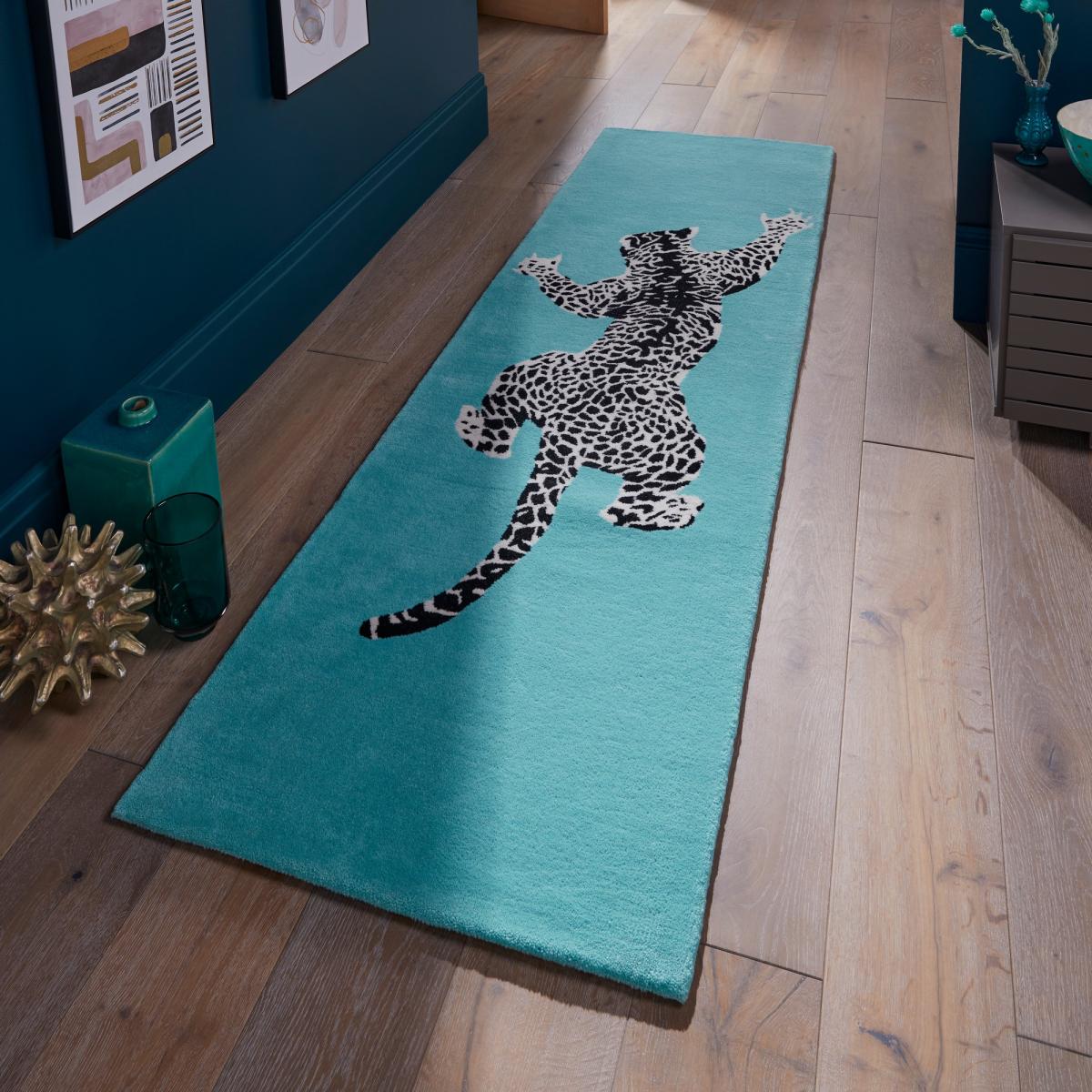 Climbing Jaguar Modern Wool Runner Rugs in Light Blue70x300cm