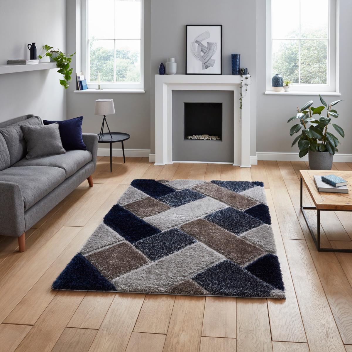Olympia 2239 Grey Navy Geometric Shaggy Rug 80x150cm – image 1