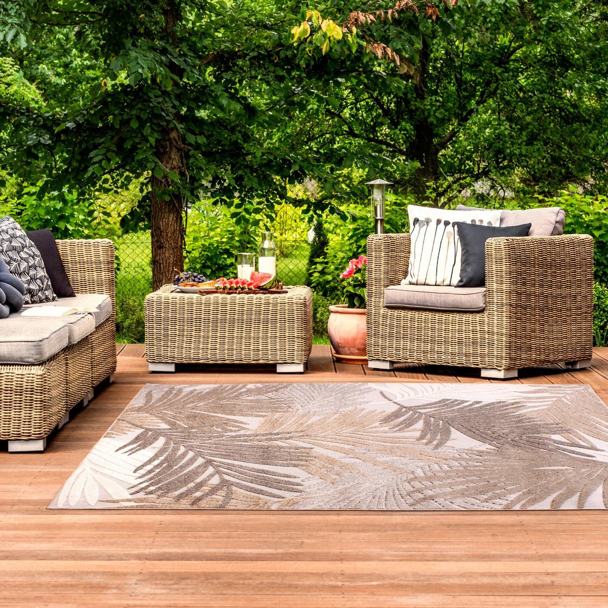 Indoor Outdoor Tropical D400A Botanical Palm Leaf Print rug in Natural 80x150cm – image 1