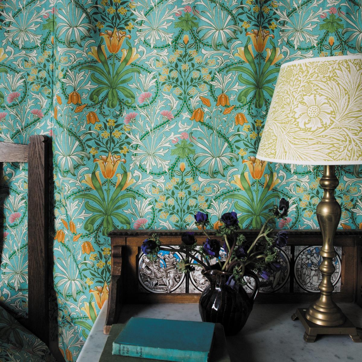 Woodland Weeds Wallpaper 217101 by Morris & Co in Orange Turquoise Roll – image 2