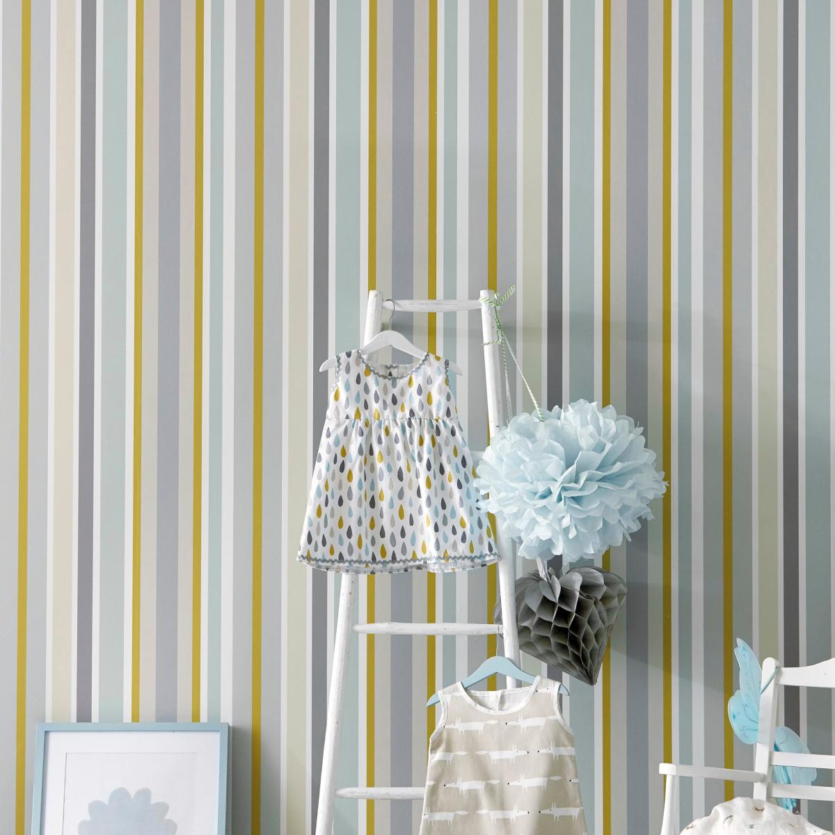 Jelly Tot Stripe Wallpaper 111262 by Scion in Slate Biscuit Maize Roll – image 1