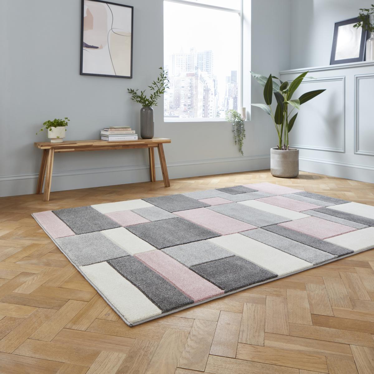 Matrix MT61 Modern Geometric Rugs in Grey Rose Pink80x150cm – image 2