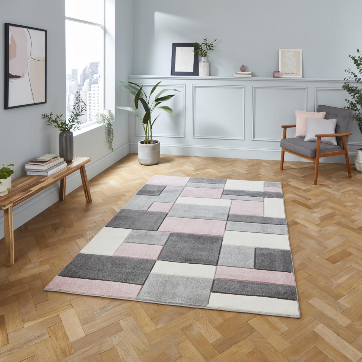 Matrix MT61 Modern Geometric Rugs in Grey Rose Pink80x150cm – image 1