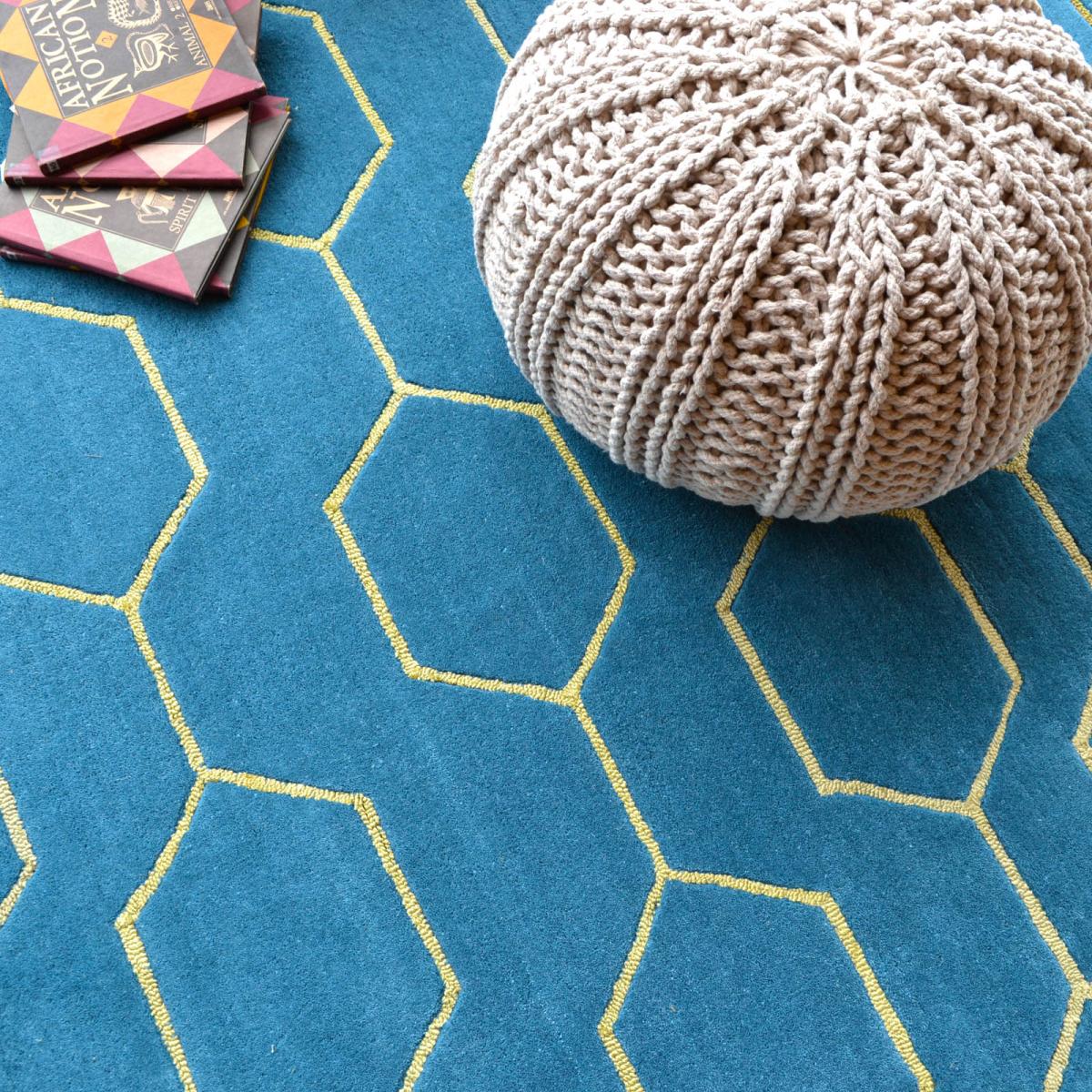 Arris Geometric Wool Rugs 37307 in Teal and Gold by Wedgwood 200x280cm – image 4