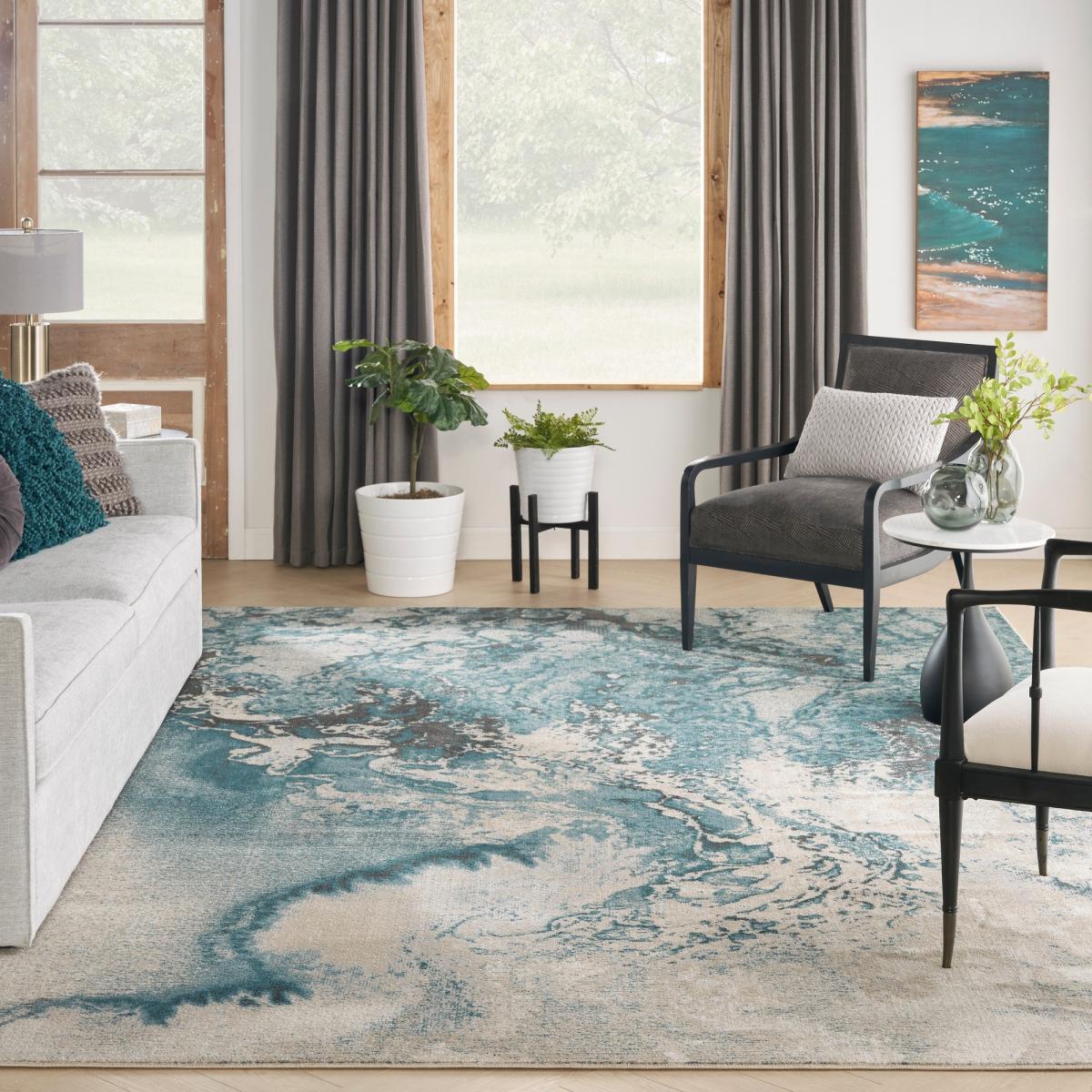 Maxell Modern Abstract Rugs MAE08 by Nourison in Ivory Teal282x389cm – image 1